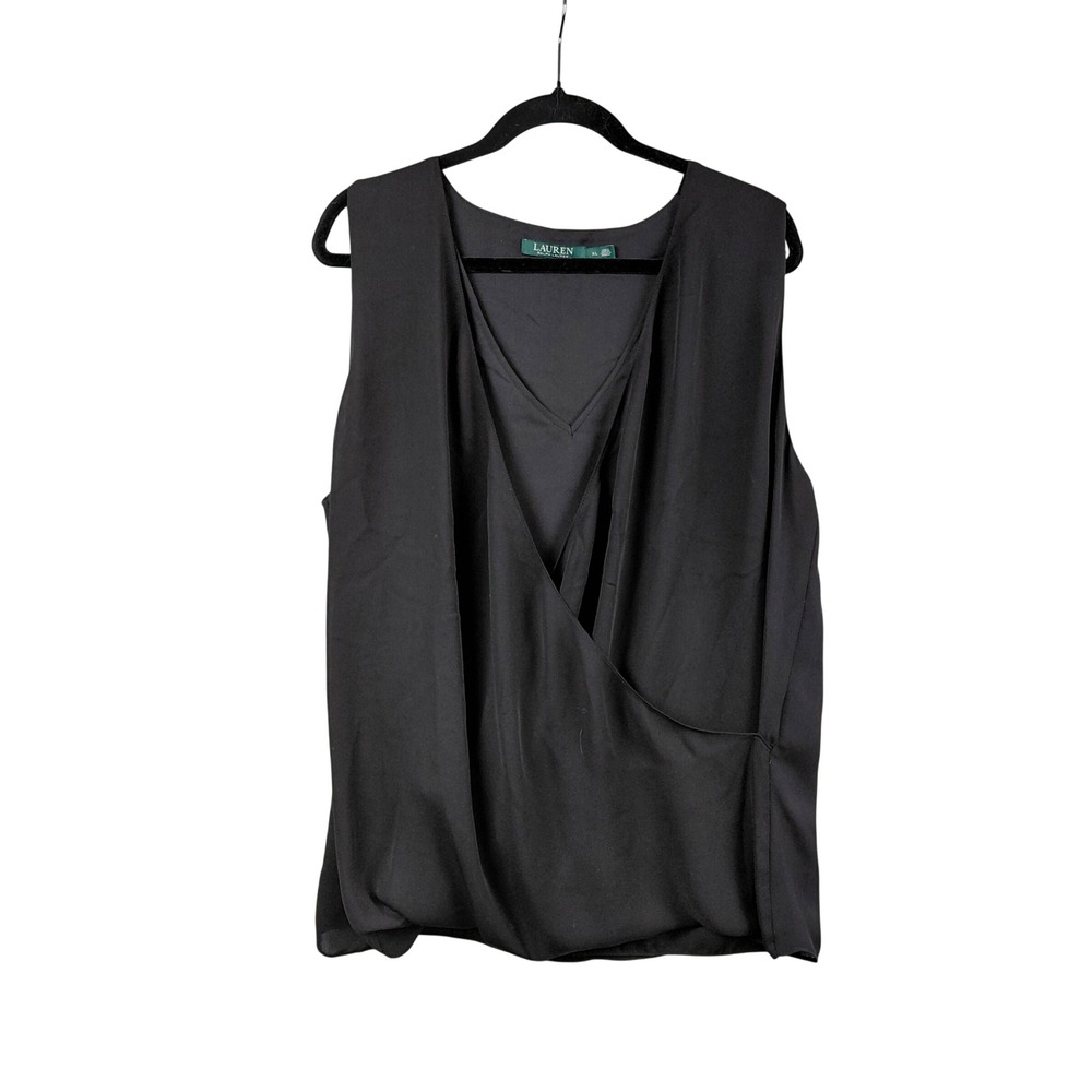 Lauren Ralph Lauren Black Sleeveless Draped Faux Wrap Blouse Top XL